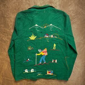 Vintage 40s Azteca Embroidered Mexican Art Jacket Wool Green Needlework Folk
